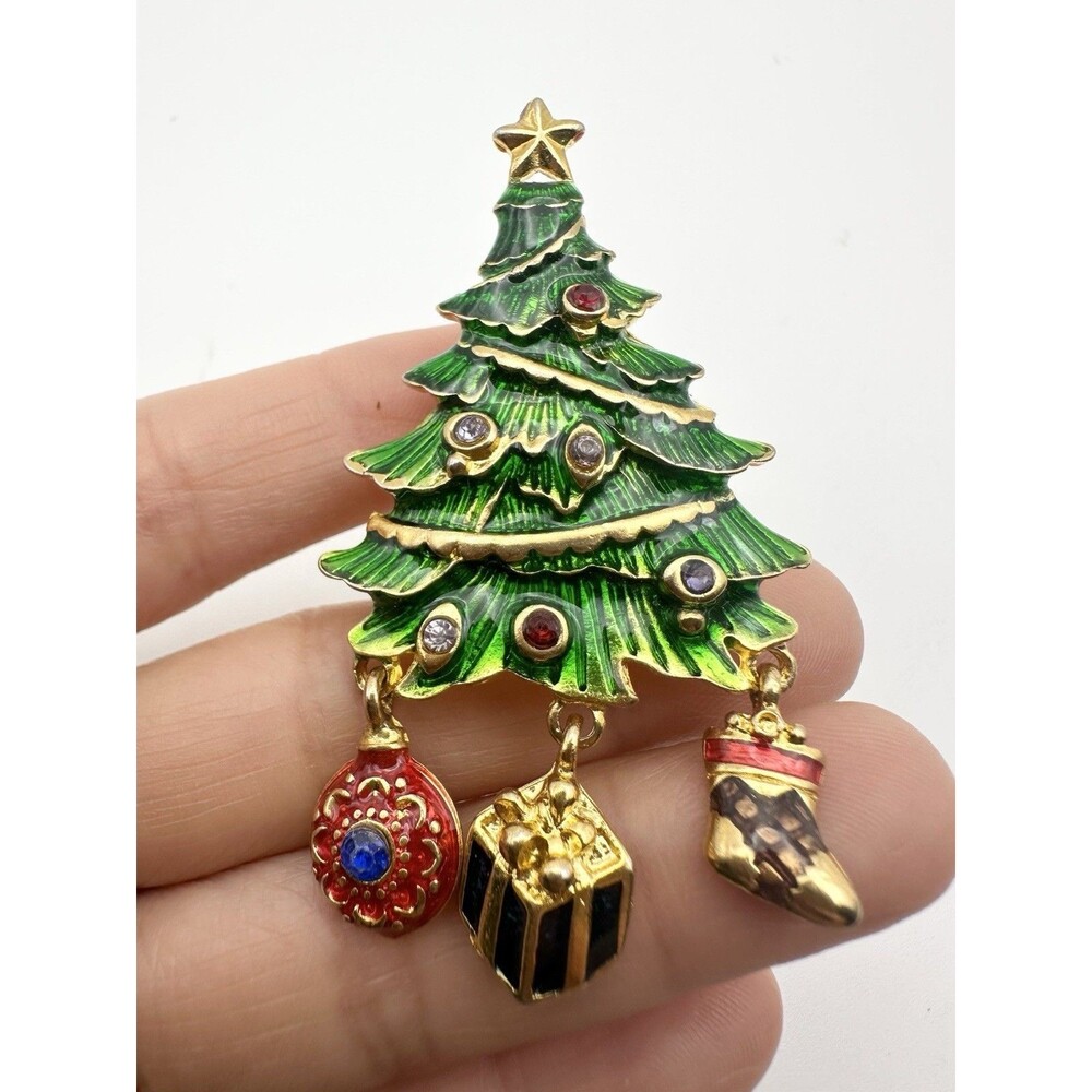 Christopher Radko Christmas Tree Brooch Dangle Charms Green Enamel Pin Estate